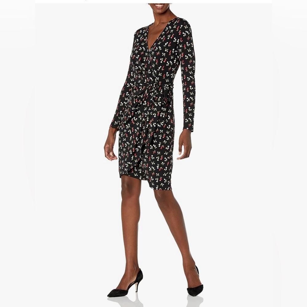 Lark & Ro Women’s Long Sleeve compact jersey wrap dress, L, Black mini tulip